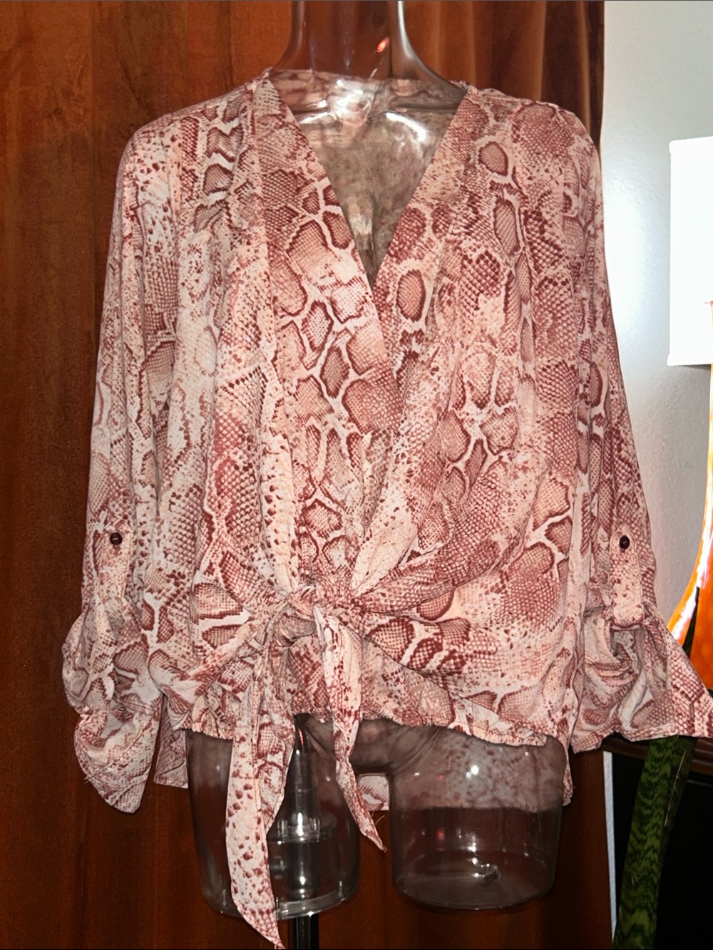 Blu Pepper Pink Snake-Print Tie Front Blouse